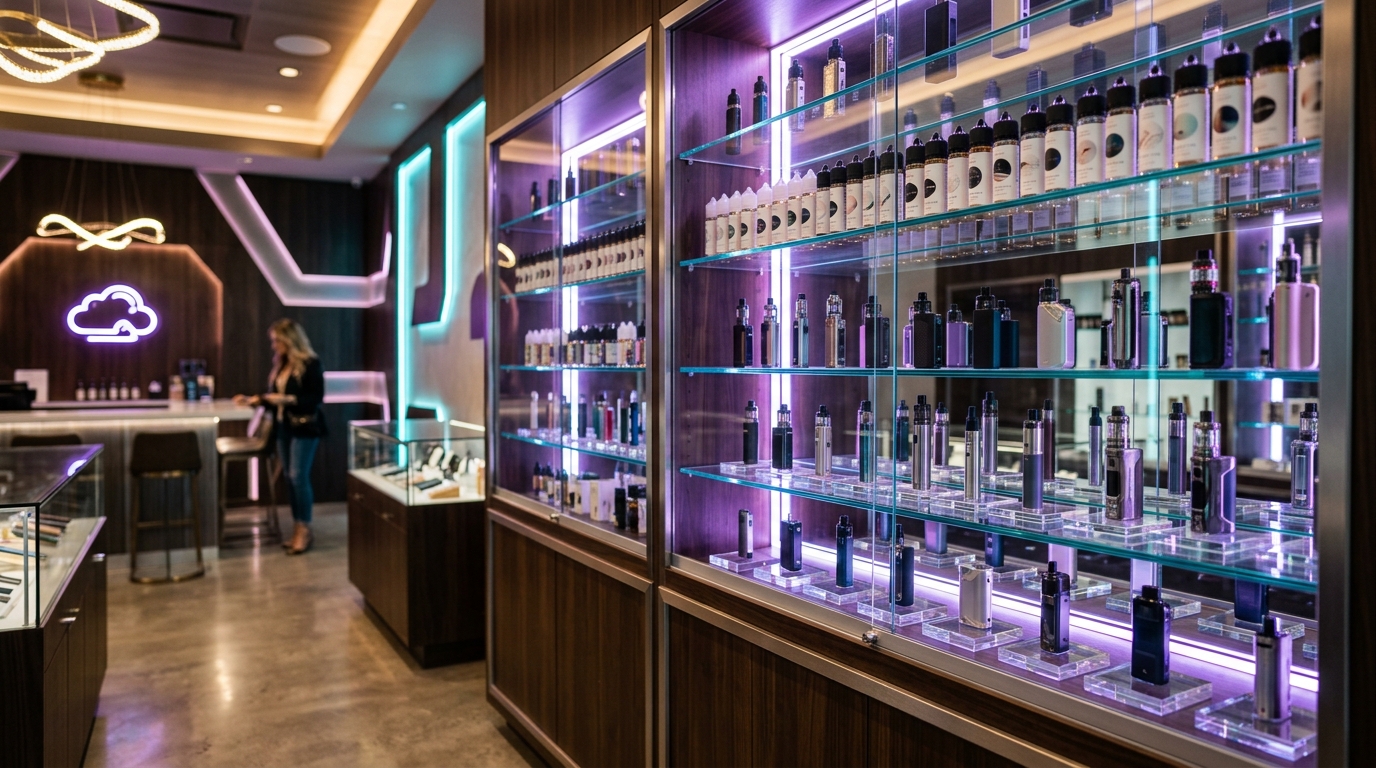 Vape display cases at Space City Smoke Shop Houston TX